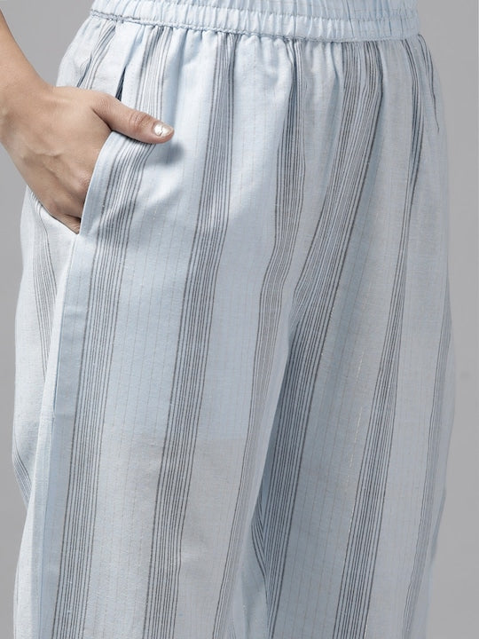 Yufta Women Blue Printed Pure Cotton Kurta with Trousers & With Dupatta