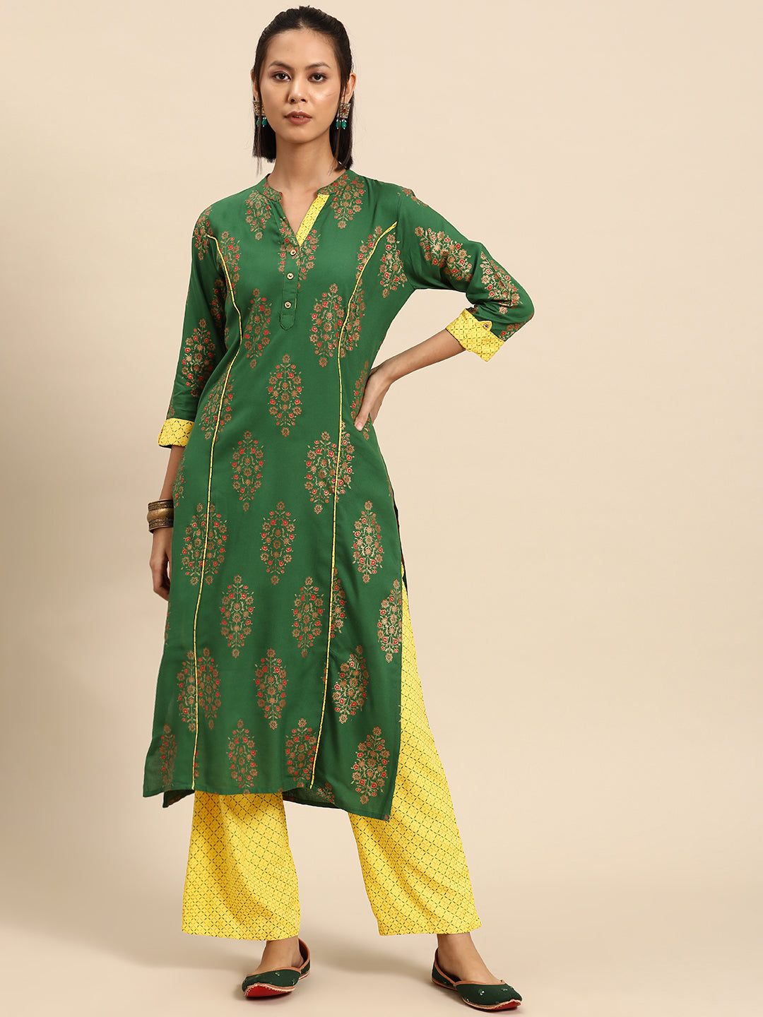 All about you Women Ethnic Motifs Printed Regular Liva Kurta & Trousers