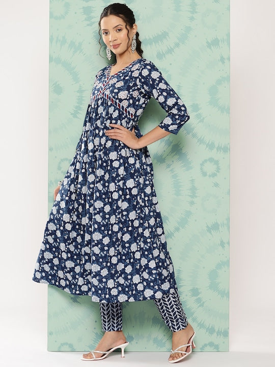 Yufta Women Floral Printed Regular Pure Cotton Kurta with Trousers & With Dupatta