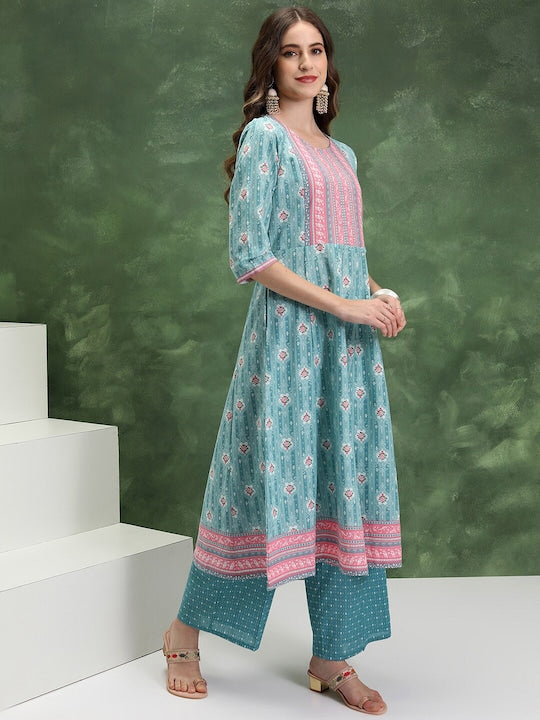 Vishudh Women Floral Printed Regular Pure Cotton Kurta with Palazzos & With Dupatta