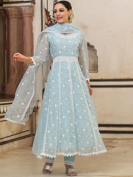 Scakhi Floral Embroidered Organza Panelled Anarkali Kurta with Trousers & With Dupatta
