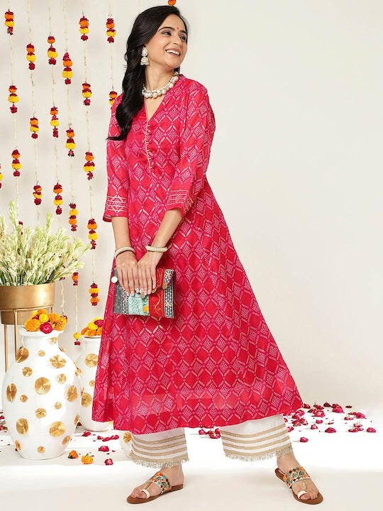 Varanga Women Pink & Gold-Toned Ethnic Motifs Printed Anarkali Kurta