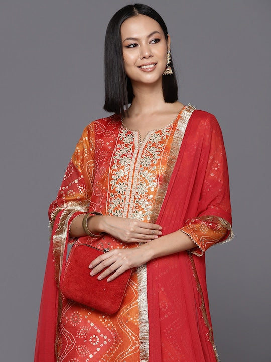 Varanga Women Bandhani Printed Kurta With Trousers & Dupatta