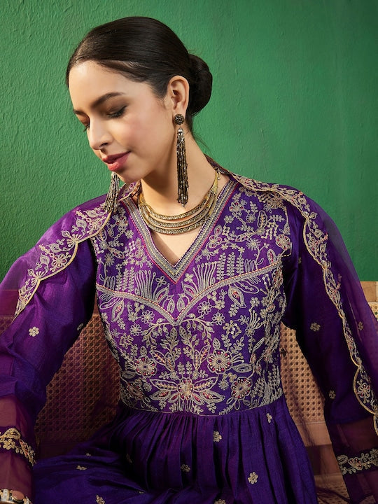 Sangria Purple Ethnic Motifs Embroidered A-Line Kurta With Palazzo & Dupatta