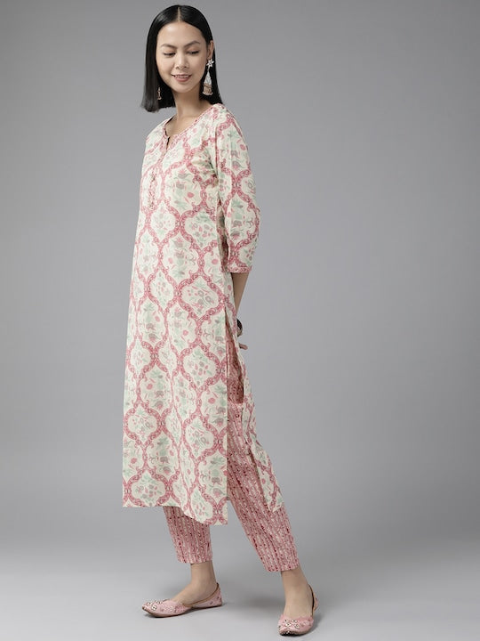 Yufta Women Pink Floral Embroidered Thread Work Pure Cotton Kurta with Trousers & With Dupatta