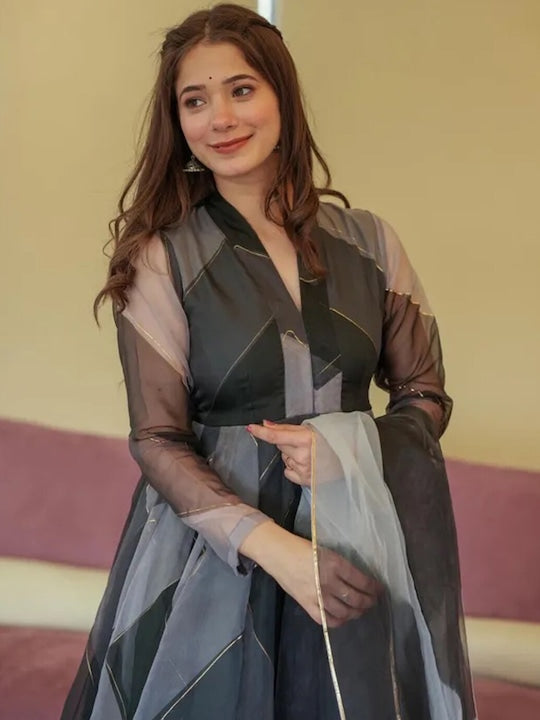 Fusionic Chevron Printed Anarkali Kurta & Trousers With Dupatta