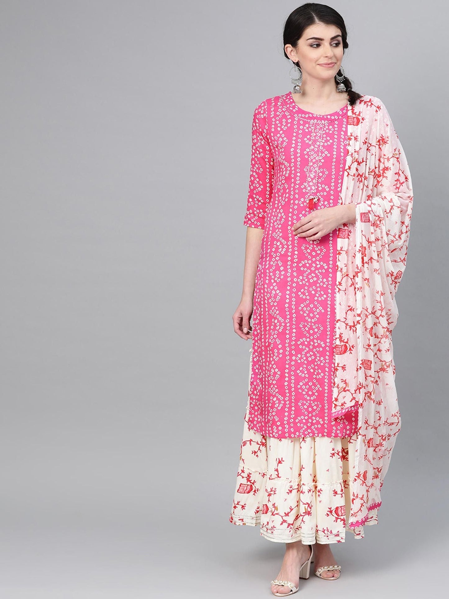 ISHIN Cotton Pink & Off White Printed Gota Patti A-Line Kurta With Skirt & Dupatta (Set of 3)