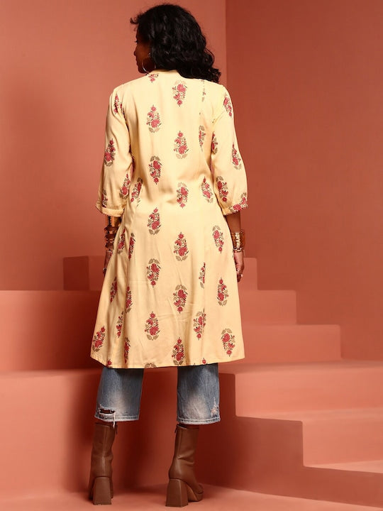 IMARA Floral Printed Mandarin Collar A-Line Kurta
