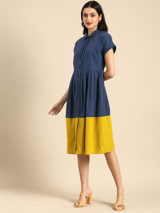 All about you Women Blue & Mustard Yellow Colourblocked Casual Dress
