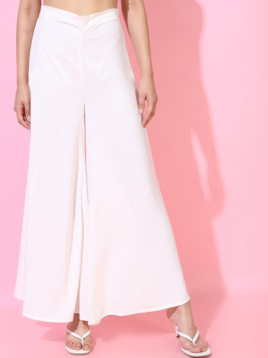 Vishudh Women Off-White Floral Polyester Top with Flared Palazzo