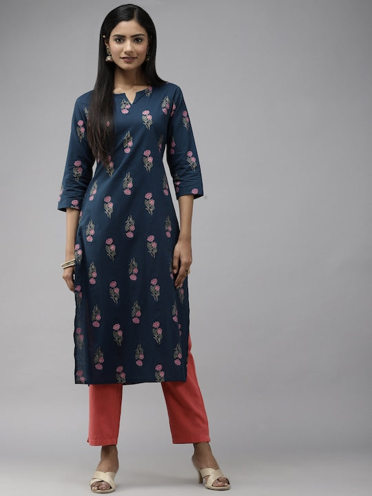 Yufta Women Teal Blue & Green Floral Printed Floral Kurta