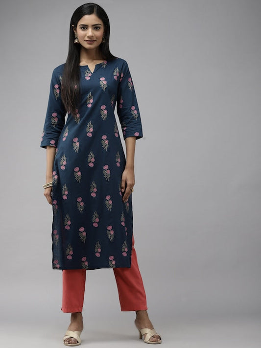 Yufta Women Teal Blue & Green Floral Printed Floral Kurta