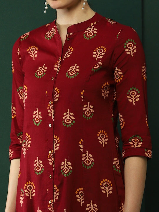 AKS Floral Printed Band Collar Cotton A-Line Kurta