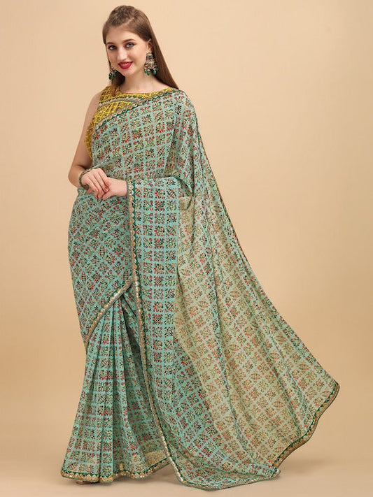 Sangria Sea Green Floral Printed Pure Georgette Saree
