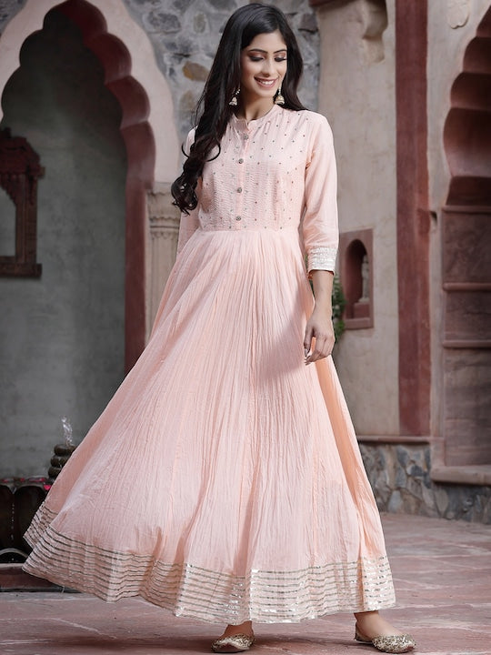 Juniper Women Peach-Coloured Solid Cotton Flared Kurta