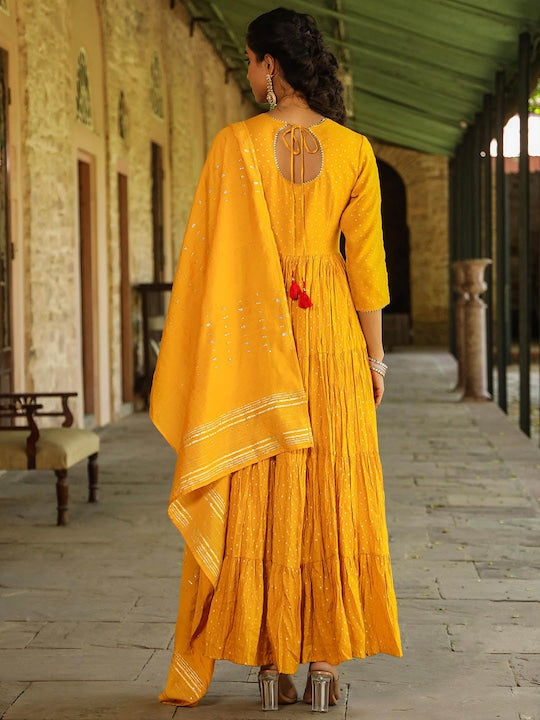 Scakhi Embellished Fit & Flare Tiered Cotton Jacquard Maxi Ethnic Dress With Dupatta