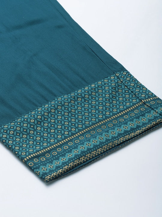 Yufta Women Teal Ethnic Motifs Printed Aari Work Kurta with Palazzos