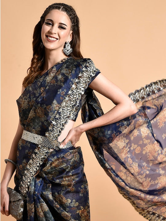 Sangria Navy Blue & Peach-Coloured Floral Sequinned Organza Saree