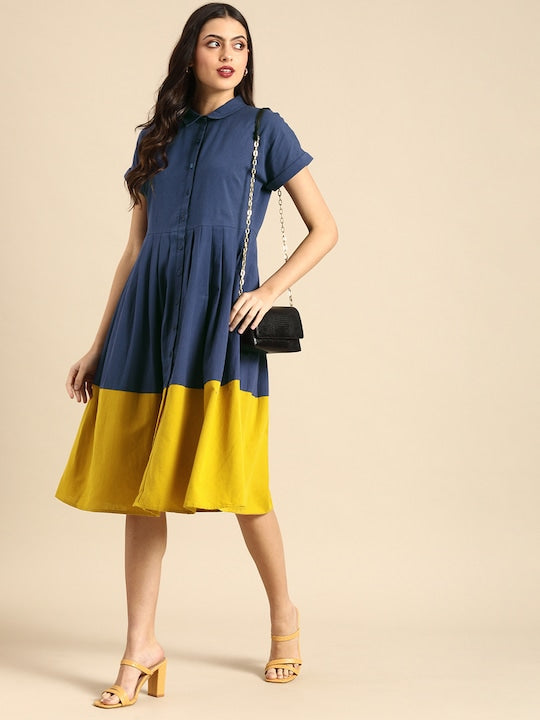 All about you Women Blue & Mustard Yellow Colourblocked Casual Dress