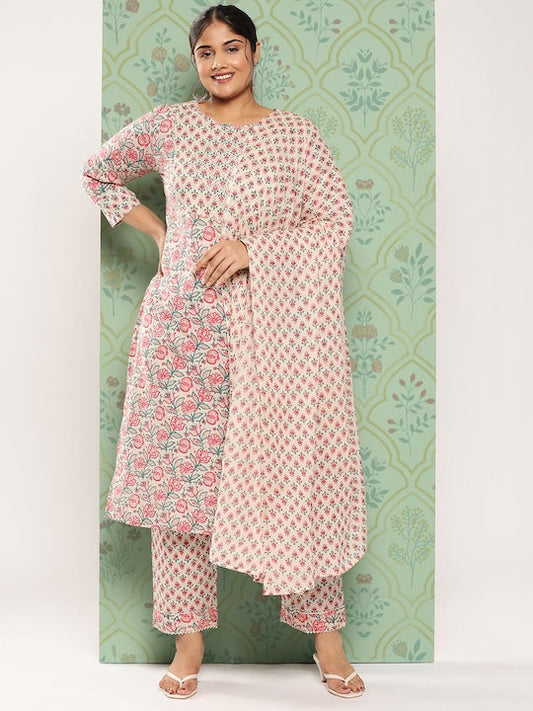 Yufta Women Plus Size Floral Printed Regular Pure Cotton Kurta with Trousers & Dupatta