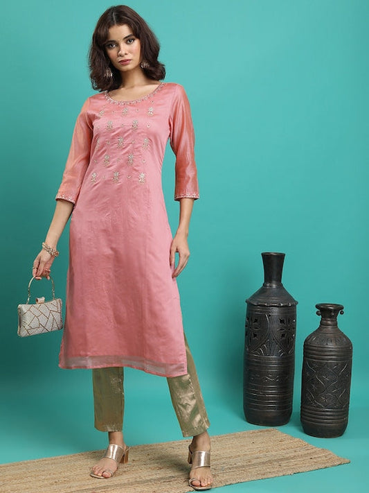 Vishudh Peach Floral Embroidered Straight Kurta