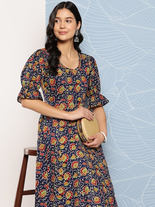 Yufta Floral Printed Puff Sleeves Pure Cotton Anarkali Kurta