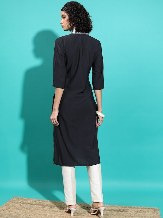 Vishudh Women Black Geometric Flared Sleeves Thread Work Kurta