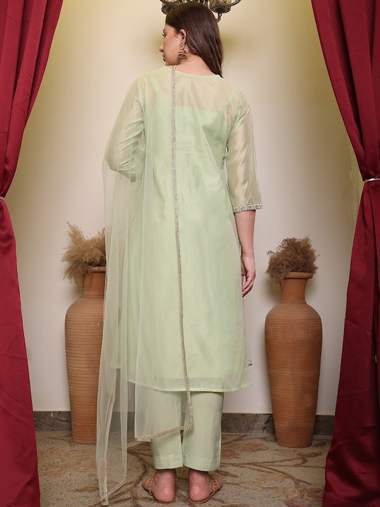 House of Pataudi Ethnic Motifs Embroidered V-Neck Straight Kurta With Trouser & Dupatta