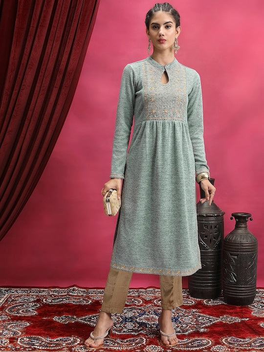 Vishudh Sea Green Floral Embroidered Mandarin Collar Kurta