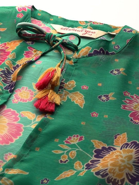 All about you Solid Maxi Dress with Floral Print Longline Jacket