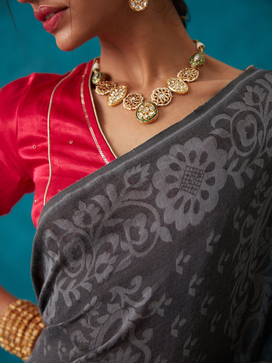 Likha Dark Grey Liva Jacquard Textured Lite Saree With Unstitched Blouse LIKSAR23 (Free Size)