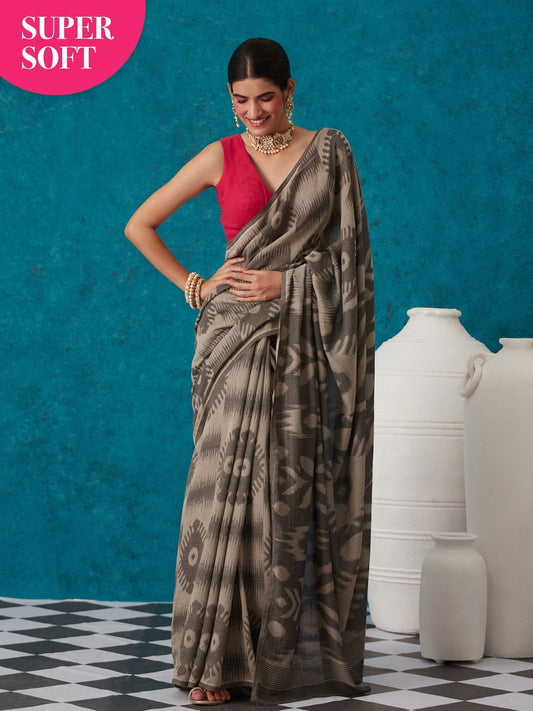 Likha Grey Liva Jacquard Textured Lite Saree With Unstitched Blouse LIKSAR24 (Free Size)