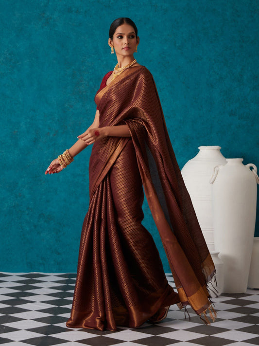 Likha Maroon Bhagalpuri Festive Linen Zari Saree & Unstitched Blouse LIKSAR43 (Free Size)