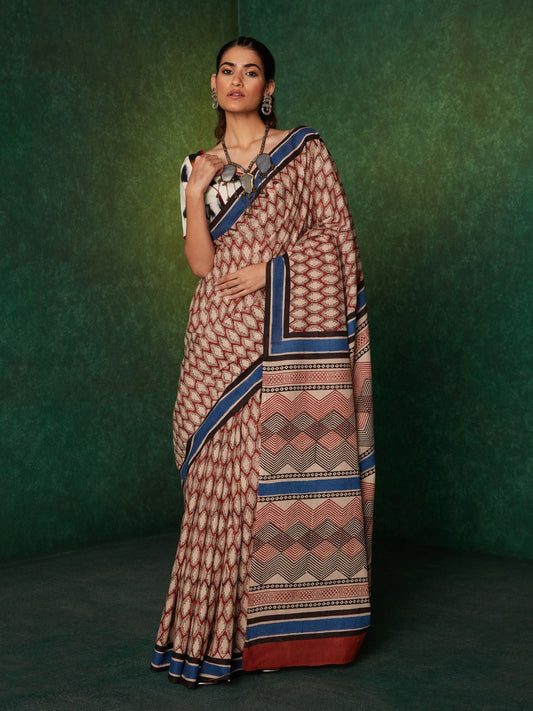 Likha Beige Mulmul Handblocked Bagru Saree with Unstitched Blouse LIKSAR108 (Free Size)