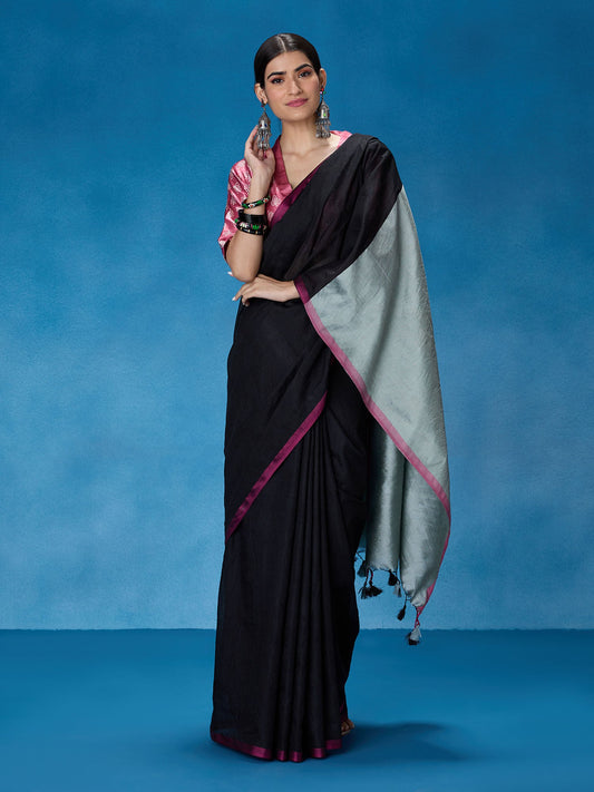 Likha Black Viscose Blend Solid Colorblock Saree with Unstitched Blouse LIKSAR113 (Free Size)