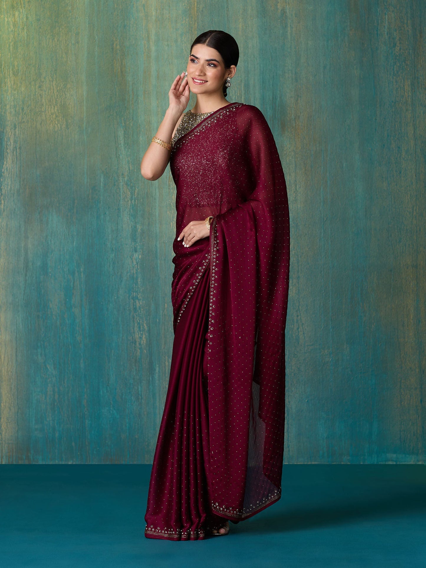 Likha Maroon Satin Solid Embellished and Sequined Saree with Unstitched Blouse LIKSAR19 (Free Size)