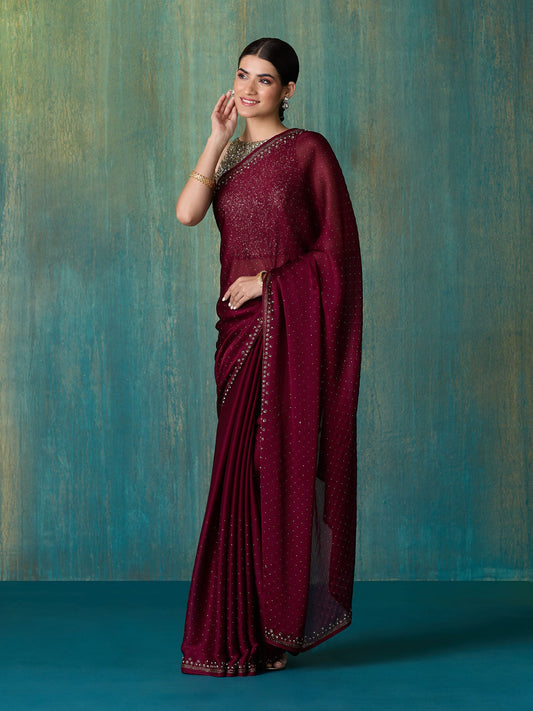 Likha Maroon Satin Solid Embellished and Sequined Saree with Unstitched Blouse LIKSAR19 (Free Size)