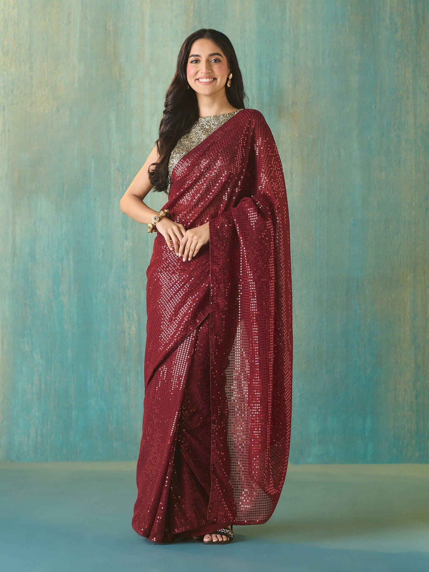 Likha Maroon Georgette Embellished and Sequined Saree with Unstitched Blouse LIKSAR115 (Free Size)