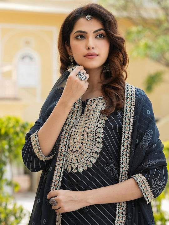 Scakhi Ethnic Motifs Printed Zari Kurta with Sharara & Dupatta