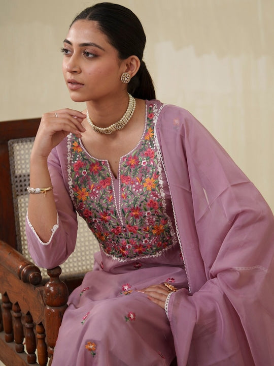 House of Pataudi Ethnic Motifs Embroidered Thread Work Kurta With Trouser & Dupatta Set