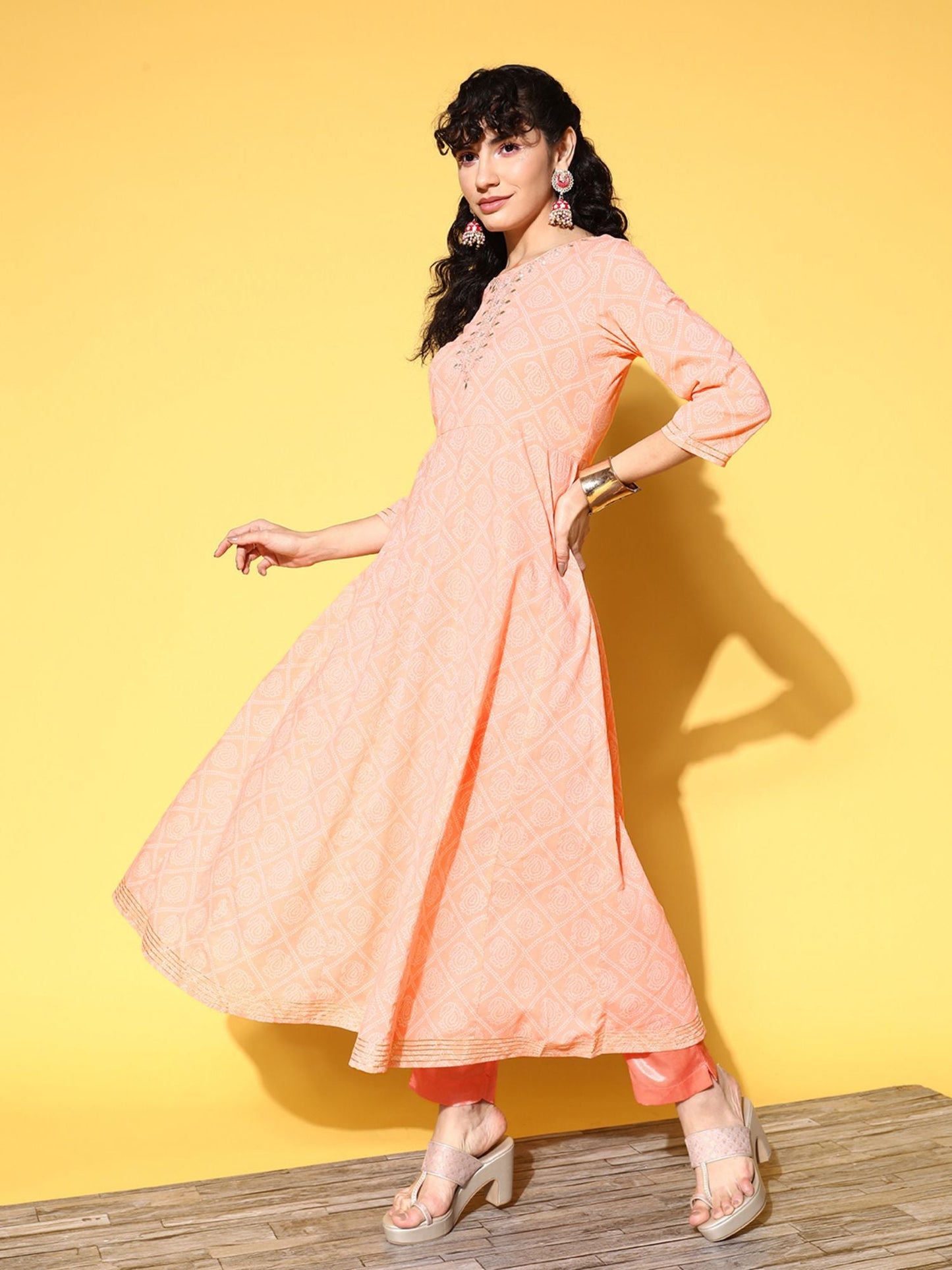 ISHIN Womens Cotton Blend Peach Embroidered Anarkali Kurta with Dupatta (Set of 2)