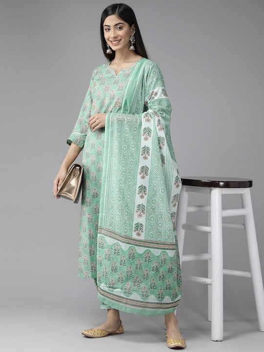 Yufta Women Floral Printed Gotta Patti Pure Cotton Kurta With Harem Pants & With Dupatta