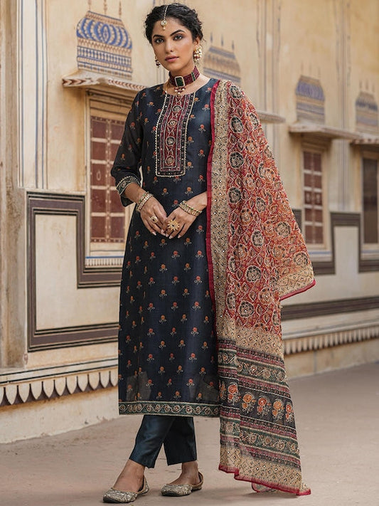 Scakhi Ethnic Motifs Printed Chanderi Silk Straight Kurta With Trousers & Dupatta