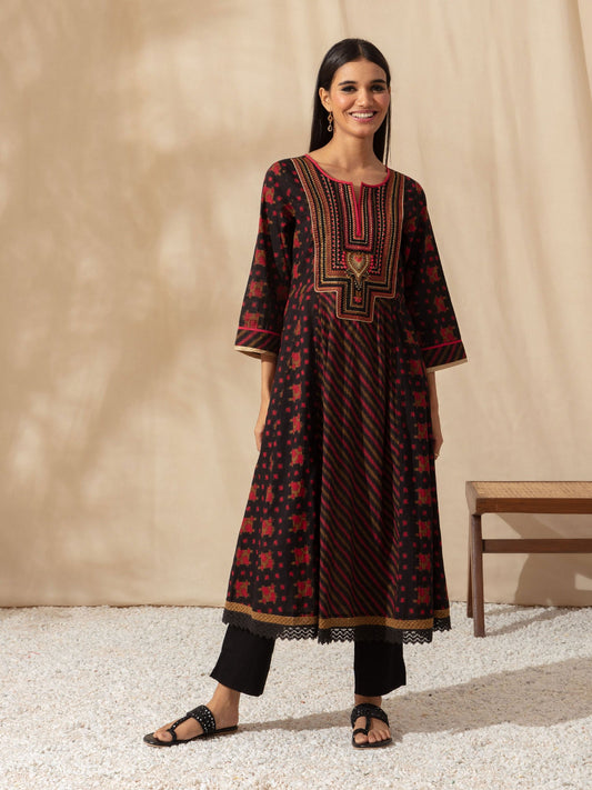 Likha Black Multi Print Anarkali Kurta with Rustic Embroidery LIKKUR113