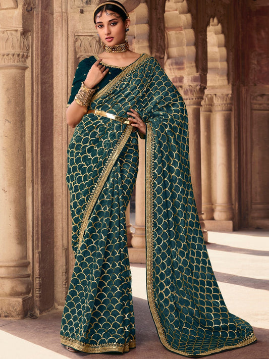 Odette Teal Organza Sequins Embroidered Saree with Unstitched Blouse