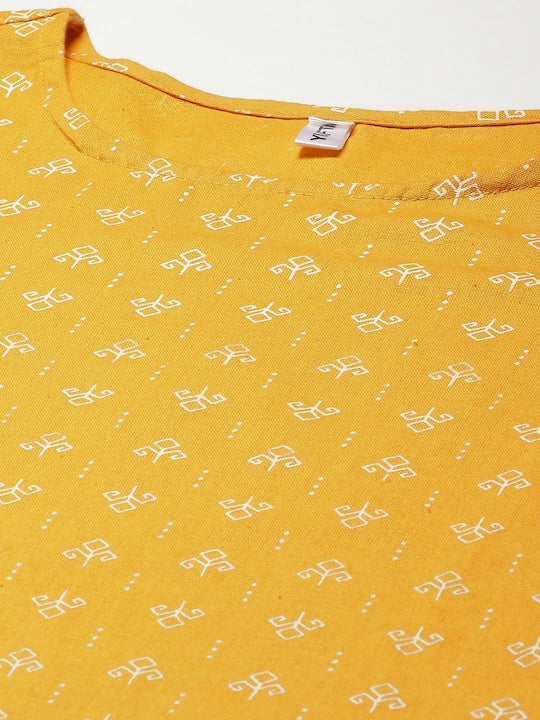 Yufta Women Mustard Yellow Ethnic Motifs Printed Regular Pure Cotton Kurta with Trousers & With Dupatta