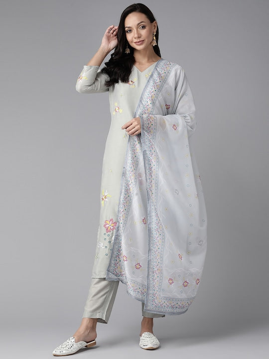 Yufta Floral Embroidered Regular Thread Work Pure Silk Kurta with Trousers & With Dupatta