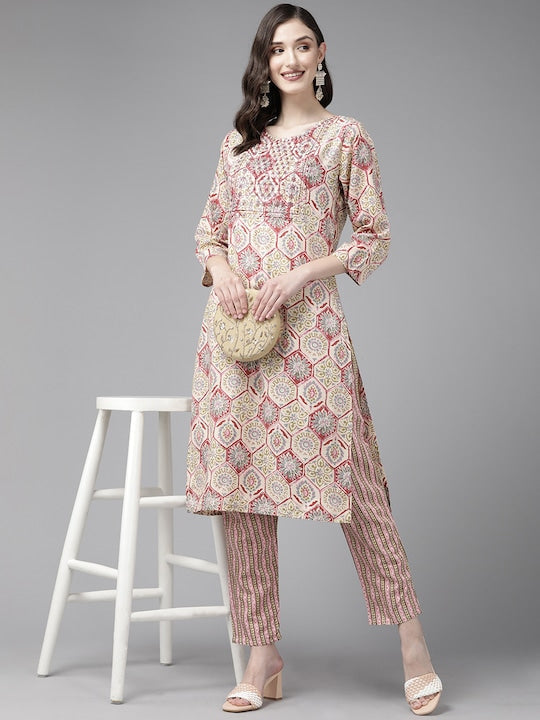 Yufta Beige Floral Print Kurta with Trousers
