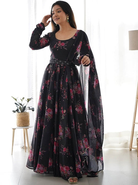 Fusionic Floral Printed Silk Gown Ethnic Dress With Dupatta