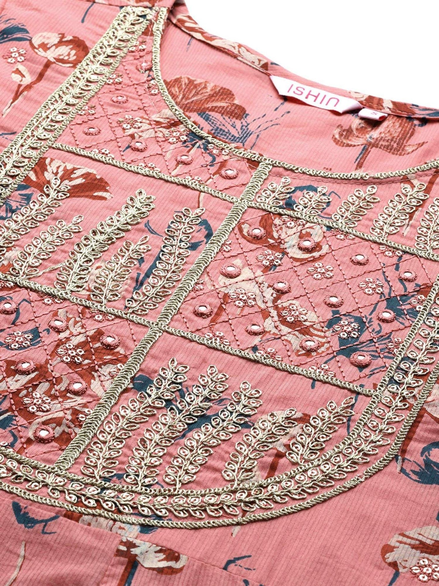 ISHIN Womens Pink Pure Cotton Zari Flared Floral Print Kurta With Pant And Dupatta (Set of 3)